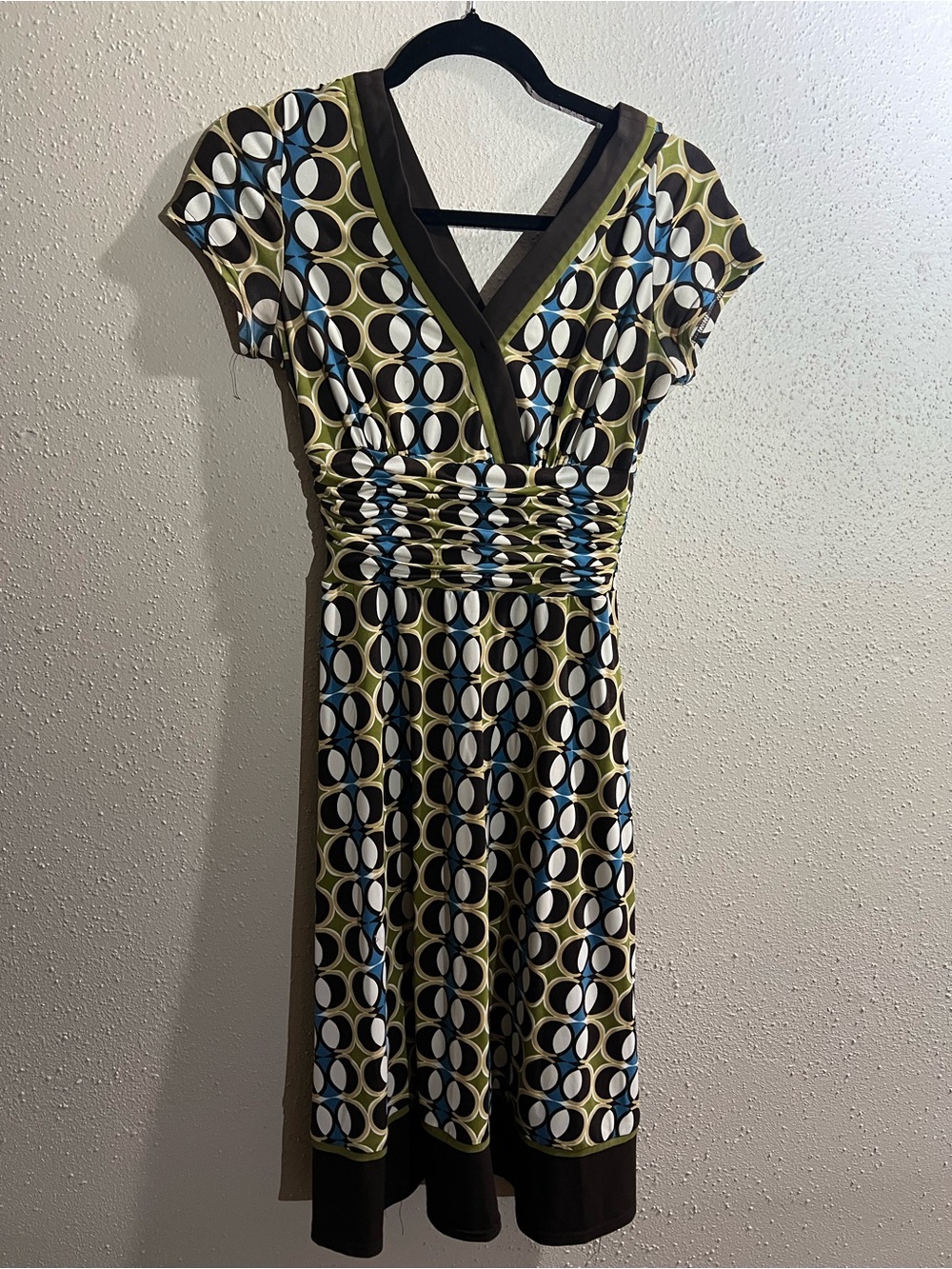 Women’s V-Neck Dress in Olive, Blue & White